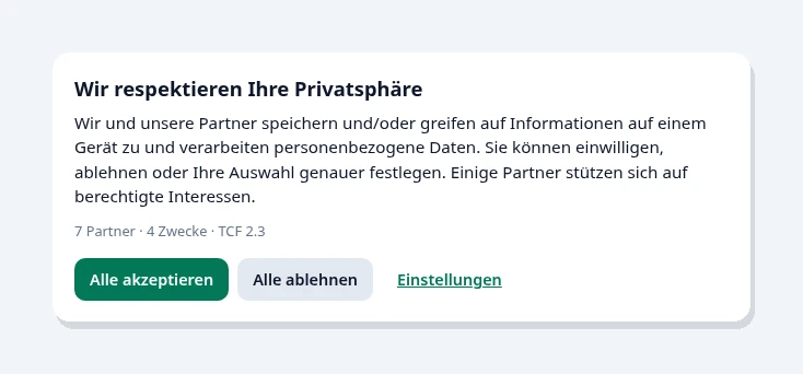 adconsent Consent-Banner – erste Ebene mit Akzeptieren, Ablehnen und Einstellungen